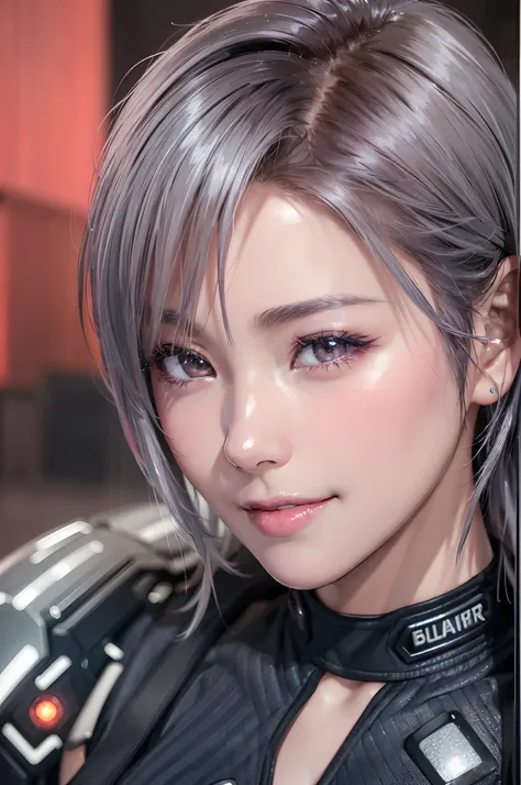 (8k, photorealistic, RAW photo, top quality: 1.4), (1girl), super beautiful, (realistic face), (boyish, silver-colored berry short hair), beautiful cyberpunk suit, glares seducing viewer, beautiful expression, beautiful breasts, (realistic skin), beautiful...