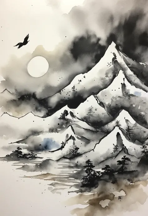 A mountain on white paper expressed only by shades of ink々and a sea of clouds and a moonlit night::style Pale touch、ink and watercolor painting、Draw only with black and white shades of ink、high-detail、Photorealsitic ::n_style Illustration ::seed 1968