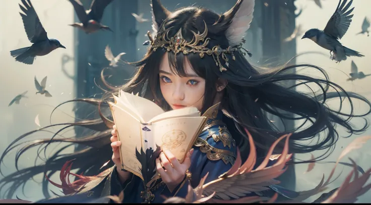 Magic Book,Blood,Night, Dark, (Fantasy),infinite,deep blue sky,The abyss of knowledge,Cowledge,((masutepiece)), (((Best Quality))),((Beautiful fine eyes)),(Eye lashes)、Beautiful girl riding phoenix、(女の子1人)、Perfect human body structure、Black hair、The long-h...