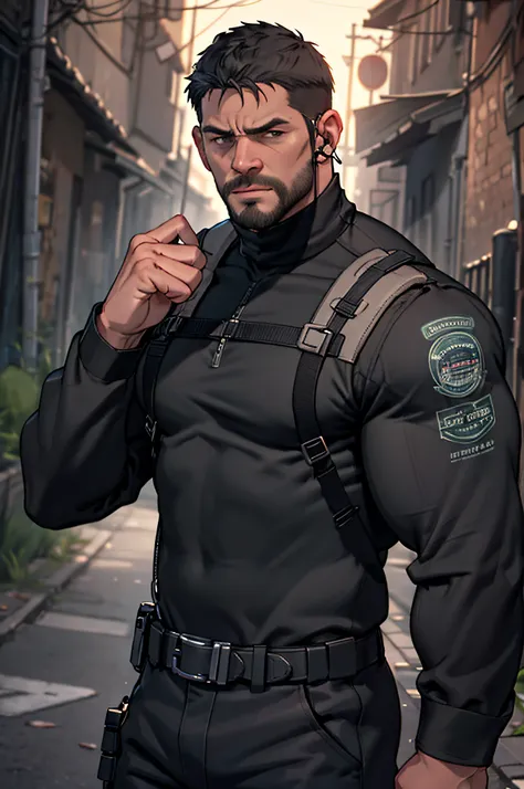 dark gothic village in the background, old chris redfield from resident evil 8, 48 year old, muscular male, tall and hunk, bicep...