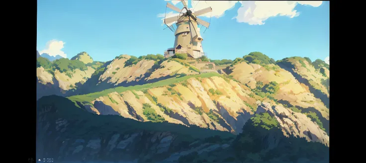 There is a windmill on the top of the hill，In the background are the sky, Ghibli Studio Environment, cinematic studio ghibli still, ghibli screenshot, studio ghibli sunlight, View of Ghibli Studio, Guibli. rendering by octane, Anime landscape, studio ghibl...