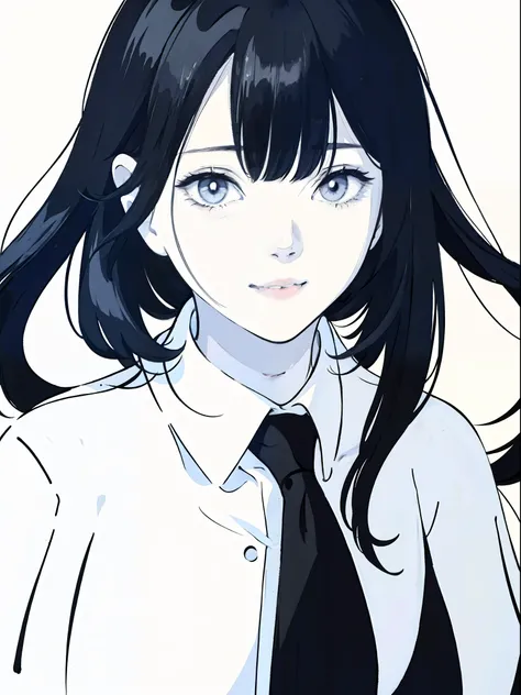 anime girl with long black hair and a white shirt,((black and white portrait)),black and white picture,Smile,minimalist painting,Simple strokes,messy  hair,Messy bangs,Shy,Pure white shirt,Heavy makeup,Headshot,Put lipstick on ones mouth