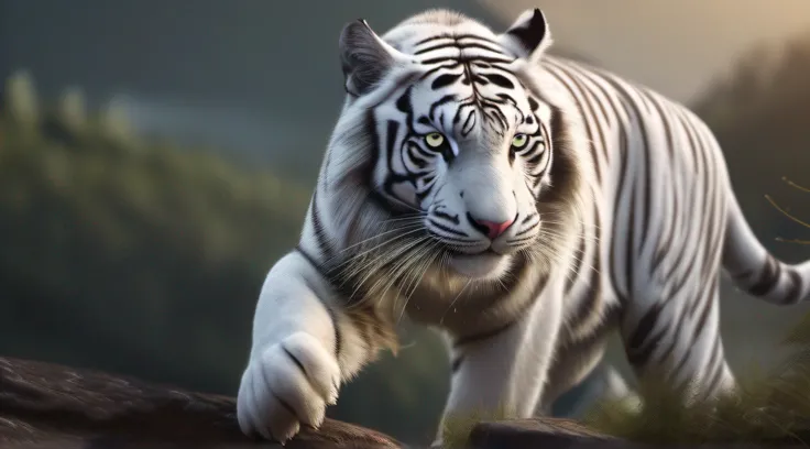 A white tiger 8K looks at the camera, This tiger looks powerful, He looks like hes going up the hill, he has a very nice mane, a fine texture, a strong muscle line