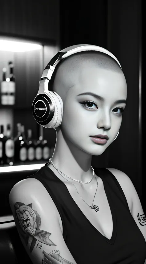 Best quality, Masterpiece, Ultra High resolution, (Fidelity :1.4), (B&W:1.3), original photo, Edge lighting, two-tone Light, Professional, Photography, 1 girl, bar, girl wearing headphones, Dding in bar, DJ, DJ booth, DJ machine, (buzz cut:1.1), (Tattoo :1...