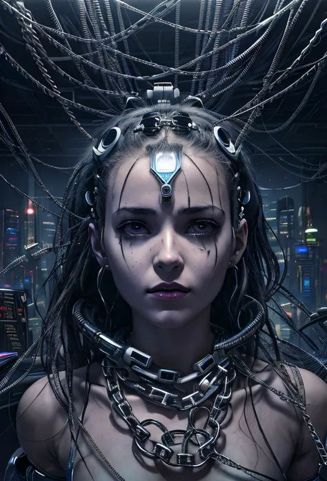 Arafed woman with a chain around her head in a room, Cyborg - Chica, intrincado transhumano, by Adam Marczyński, Un cyborg ciberpunk adolescente, Chica cyborg, dystopian digital art, Fotograma de Alita, Cyberpunk Horror Fantasy, Render de arte digital, Syl...