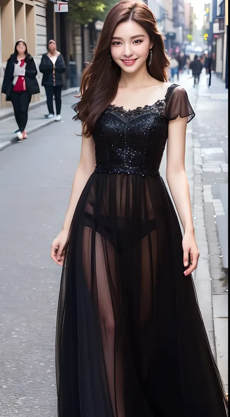 ((Best quality, 8k, Masterpiece :1.3)), 1girl, smiling, full body, slim face, Pretty woman, (Dark brown hair), full length dress :1.1, Ultra-detailed face, Detailed eyes, Double eyelid, blur background, slim face, city, outside, street,