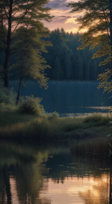 wallpaper, summer, lake, dawn, forest, detailed forest, clouds, masterpiece, cinematic, soft light, depth of field, ray tracing, reflection in water, realism, ulra detailed,