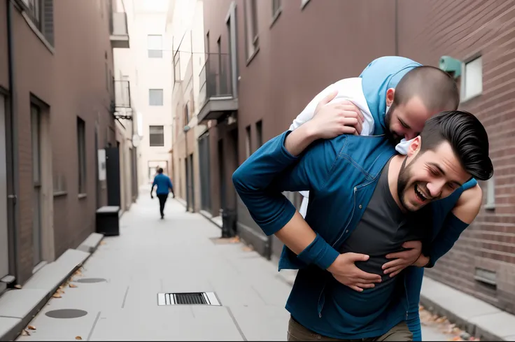 Woman carrying injured man on her back as she struggles through an alley