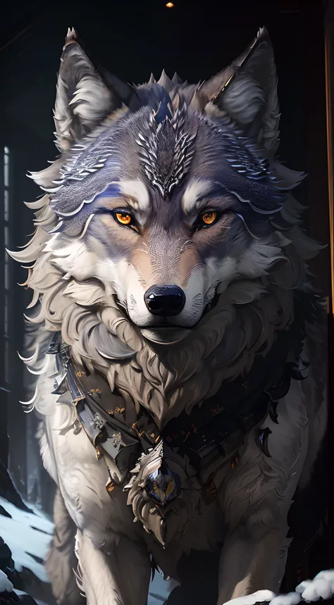 Masterpiece, best quality, ((Beautifully detailed Wolf)) (very detailed CG Unity 8k wallpaper), professional majestic oil paintings by Ed Blinky, Athea Gaylan, Studio Ghibli, Jeremy Mann, Greg Manchessa, Antonio Moro, popular on ArtStation, trending Midjou...