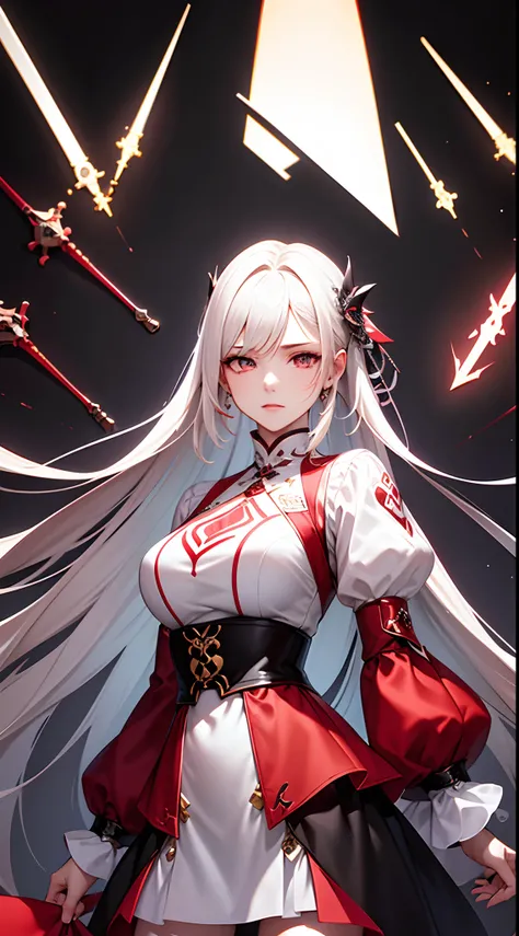 8K分辨率，Highest image quality，tmasterpiece，Master composition，Rich artistic conception，Long flowing white hair，despise，Black and red dress，Domineering，Glowing longsword，hight contrast，cyber punk perssonage