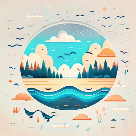 Lake surface，lake scene，The water is rippling，Birds cheerfully welcome the arrival of warm rain，T-shirt design,Nature views, Minimalist illustration, Line illustration, Colorful。circular composition，symmetrical fantasy landscape，in style of digital illustr...