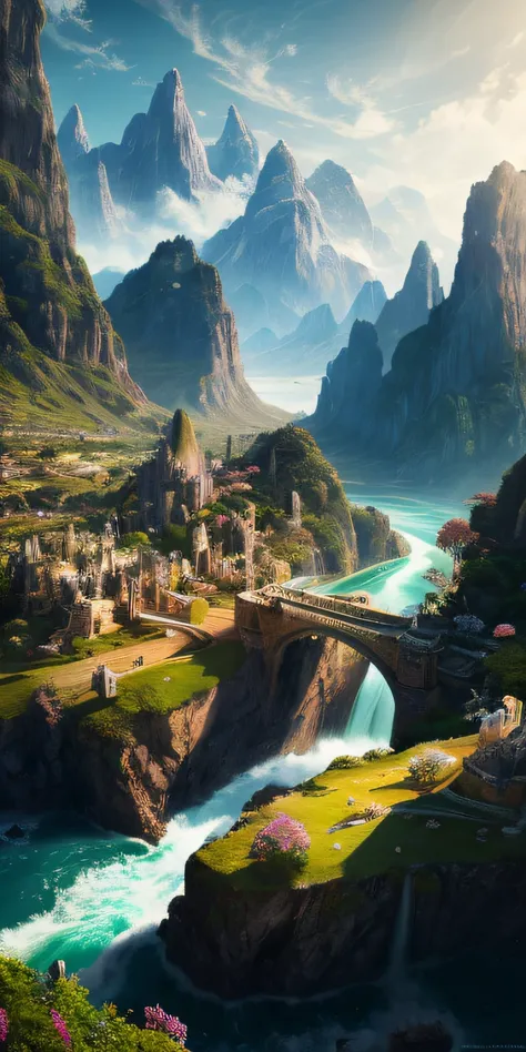 Masterpiece, best quality, high quality, extremely detailed CG unity 8k wallpaper, landscape, outdoor, sky, cloud, sky, no humans, mountain, landscape, water, tree, blue sky, waterfall, cliff, nature, lake, river , cloudy skies, award winning photography, ...