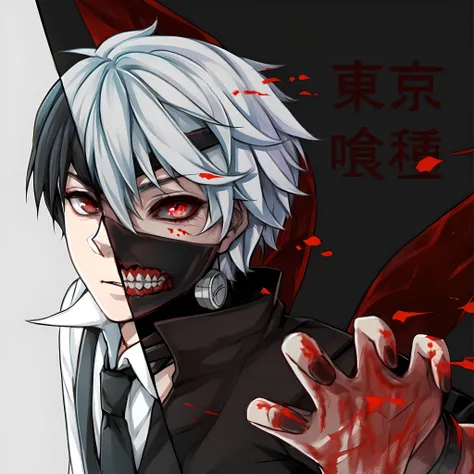 Anime character with white hair, black eyes holding bloody hands, 2 d anime style, Tokyo Ghoul, kaneki ken, 2d anime, kaneki ken, An anime cover, gapmoe yandere grimdark, trigger anime artstyle, Epic anime style, anime big breast, gapmoe yandere, 2d art co...