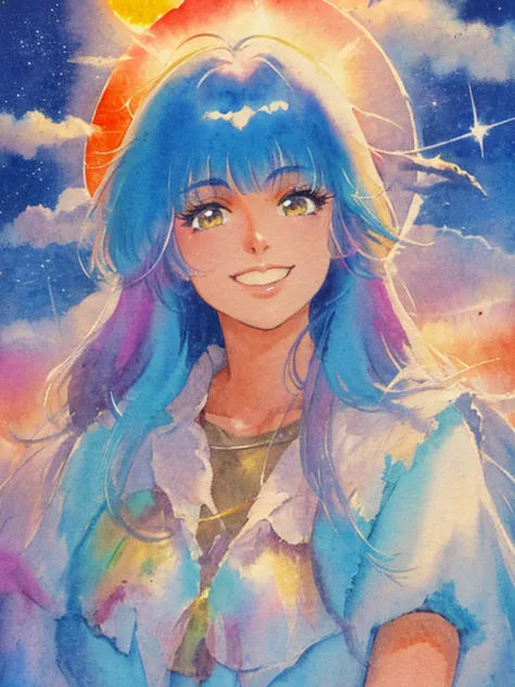 takama akemi, 1980s (style), painting (medium), retro artstyle, watercolor (medium),  beautiful, masterpiece, best quality,
detailed face, perfect lighting, 1girl, solo, rainbow hair, magical girl,
smile, messy bangs, sky, stars, sun, twilight,