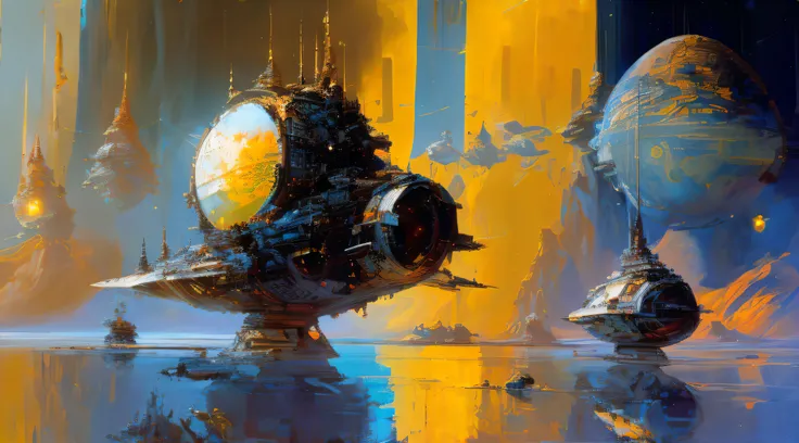 by John Berkey satellites in space orbit around the Earth, John Berkey space art style cinematography, atmospheric, photorealistic, elegant composition, Depth of Field, DOF, Tilt Blur, White Balance, 32k, Super-Resolution, Megapixel, ProPhoto RGB, VR, Half...