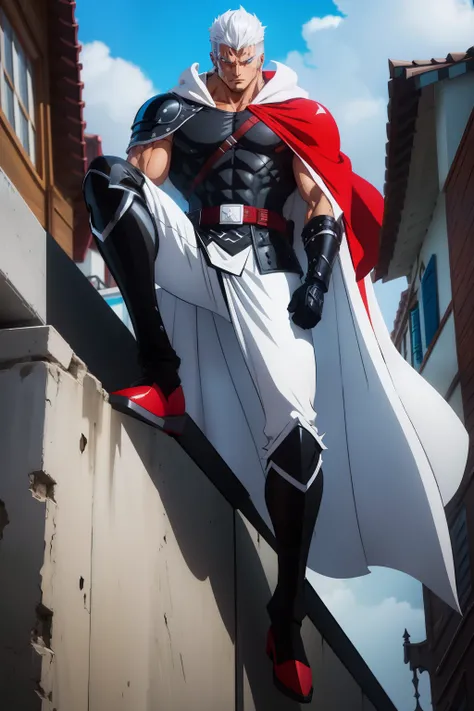 European and American cartoon style，super heroes, Assassin sneaks，Long silver-white cloak, Silver-edged black-red hood, eventide,, Cold, Light blue eyes, on top of building, vigilante, Well-trained physique, Ninja style, agile, Light silver armor, toyko，hi...