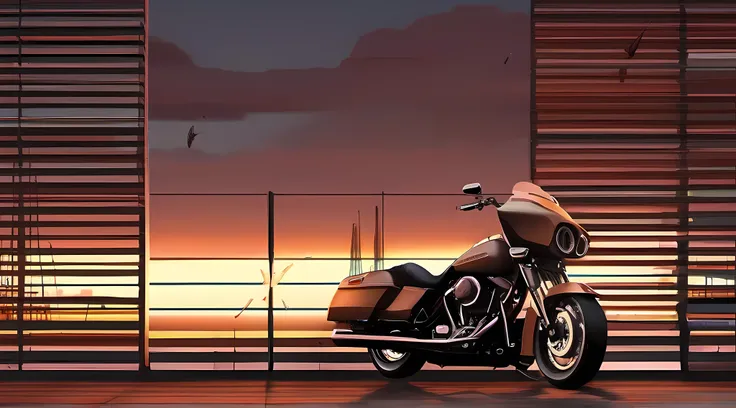 moto harley davidson, trilha na montanha, sun sunset, maritime horizon, detalhes intrincados, highes definition, 8k