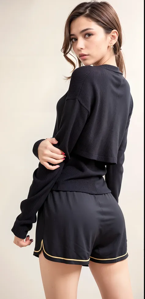 A gorgeous woman in black sweater and shorts posing for a photo, black sweater, manga larga cropped |, tampo preto, metade superior do corpo, back view also, camisa preta da gola da tartaruga, corpo inferior close up, olhando para o lado, designed for cozy...