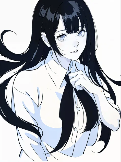 anime girl with long black hair and a white shirt,((black and white portrait)),black and white picture,Smile,minimalist painting,Simple strokes,messy  hair,Messy bangs,Shy,Pure white shirt,Heavy makeup,Headshot,Put lipstick on ones mouth,On ones side