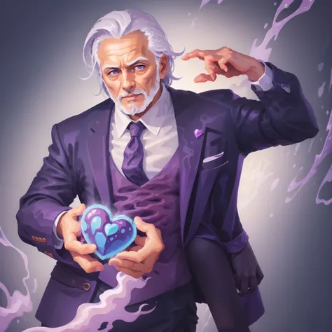 Um homem mais velho em um terno roxo com uma cravata azul, with the left hand holding the heart and the right hand holding a brain, Both hands ooze a purple liquid that symbolizes feeling and knowledge