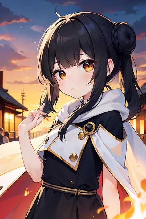 masterpiece, best quality, 1girl, solo, black hair, blunt bangs, (braided buns), ((short twintails)), yellow eyes, (((white))) long cape, black dress, ((pink inside the fabric)), greeting, lower ones back, burning town, smoke of fire, cloudy weather