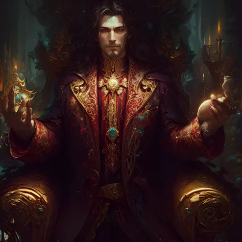 um close up de uma pessoa sentada em um trono com uma vela, arte de estilo fantasia escura, feiticeiro masculino malvado, Retrato de um feiticeiro vermelho, design de personagens de fantasia sombria, no estilo da arte da fantasia sombria, epic exquisite ch...