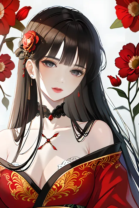 masterpiece,best quality,absurdres,original,extremely delicate and beautiful,beautiful detailed eyes and face,1girl, black hair, flower, japanese clothes, looking at viewer, red flower, solo, (shiny skin),(masterpiece:1.4),(best quality:1.4),realistic