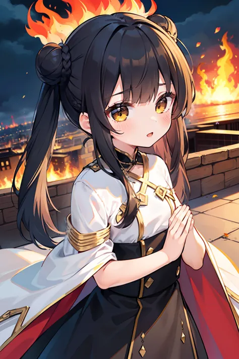 masterpiece, best quality, 1girl, solo, black hair, blunt bangs, (braided buns), ((short twintails)), yellow eyes, (((white))) long cape, black dress, ((pink inside the fabric)), lower ones back, ((bowing down)), burning town, smoke of fire, cloudy weather