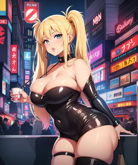 1girl,  (((bimbo))),hoop earrings, puffy lips, painted lips, thick lips. 
blonde hair, short twintails, wide hips, thick thighs, bursting breasts Nightlife, Night city, Cyberpunk city, futuristic cityscape. Neon lights, (skyscraper:1.1), Tokyo tower, palm ...