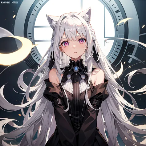 Long white hair，Silver cat ears，Mechanical wind，Laser trench coat，Pink eyes，full bodyesbian，teens girl，gentleness，Air bangs，Glowing skin，Be red in the face，Ribbon headdress，Sit Pose，Look up at the perspective，exquisite facial features，Delicate skin，high-he...