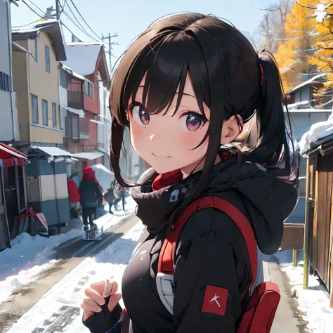 masutepiece, Best Quality, 8K_Wallpaper, (Beautiful eyes), ((Cute)), Cute, (lovely), (Ski resort on a sunny day),1girl in,small tits,1 schoolgirl、Smile,(Slopes with large trees)、(((snow board)))、Ski resort on a sunny day、snow board、(((Chasing the person in...