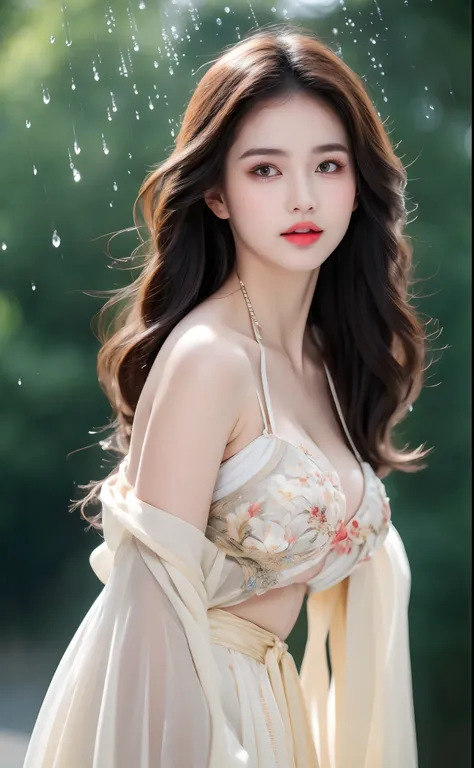 ((Best Quality, 8k, Masterpiece: 1.3)), Focus: 1.2, Perfect Body Beauty: 1.4, Buttocks: 1.2, ((Layered Haircut)), (Wet Clothes: 1.1), (Rain, Street:1.3), (Breasts: 1.2), (Hanfu: 1.2), Bare Shoulders, Bare Legs, Highly Detailed Face and Skin Texture, Fine E...