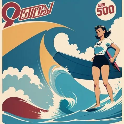 20th century 50s girl surfing poster style，Vector printmaking，planar，Simple colors，A girl stands on a surfboard