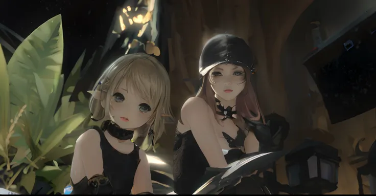 Two anime girls dressed in black standing side by side，In Final Fantasy 14 style，Two characters are shot in the middle shot，lalafell，In the scene of Final Fantasy 14，The style is like Final Fantasy XIV，Forty-four of the elements，Final Fantasy 14 Sharpe Sen...