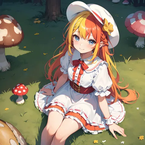 1 girl, solo, (chibi), cute, small girl, musroom, musroom hat, fluffy dress, white-red dress, frills, frilled skirt, puffed sleeves, red mushroom, colorful musrooms, smiling, closed mouth, (spilt color hair:1.4), (yellow hair:1.3), blue eyes, small freckle...