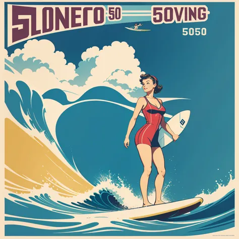 20th century 50s girl surfing poster style，Flat prints，vectorial art，Girl standing on board head of surfboard