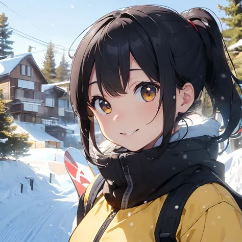 masutepiece, Best Quality, 8K_Wallpaper, (Beautiful eyes), ((Snow is piled up)), Cute, (Yellow Wear、Outerwear is yellow、Red underneath), (Slopes with large trees),1girl in,small tits,1 schoolgirl、Smile,(Slopes with large trees)、(((snow board)))、Ski resort ...