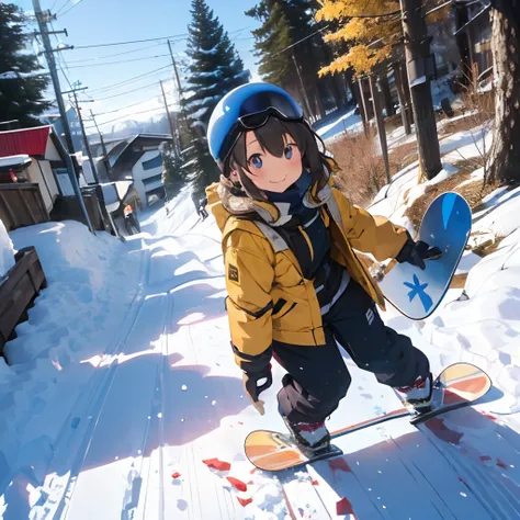 masutepiece, Best Quality, 8K_Wallpaper, (Beautiful eyes), ((Snow is piled up)), Cute, (Yellow Wear、Outerwear is yellow、Red underneath), (Slopes with large trees),1girl in,small tits,1 schoolgirl、Smile,(Slopes with large trees)、(((snow board)))、Ski resort ...