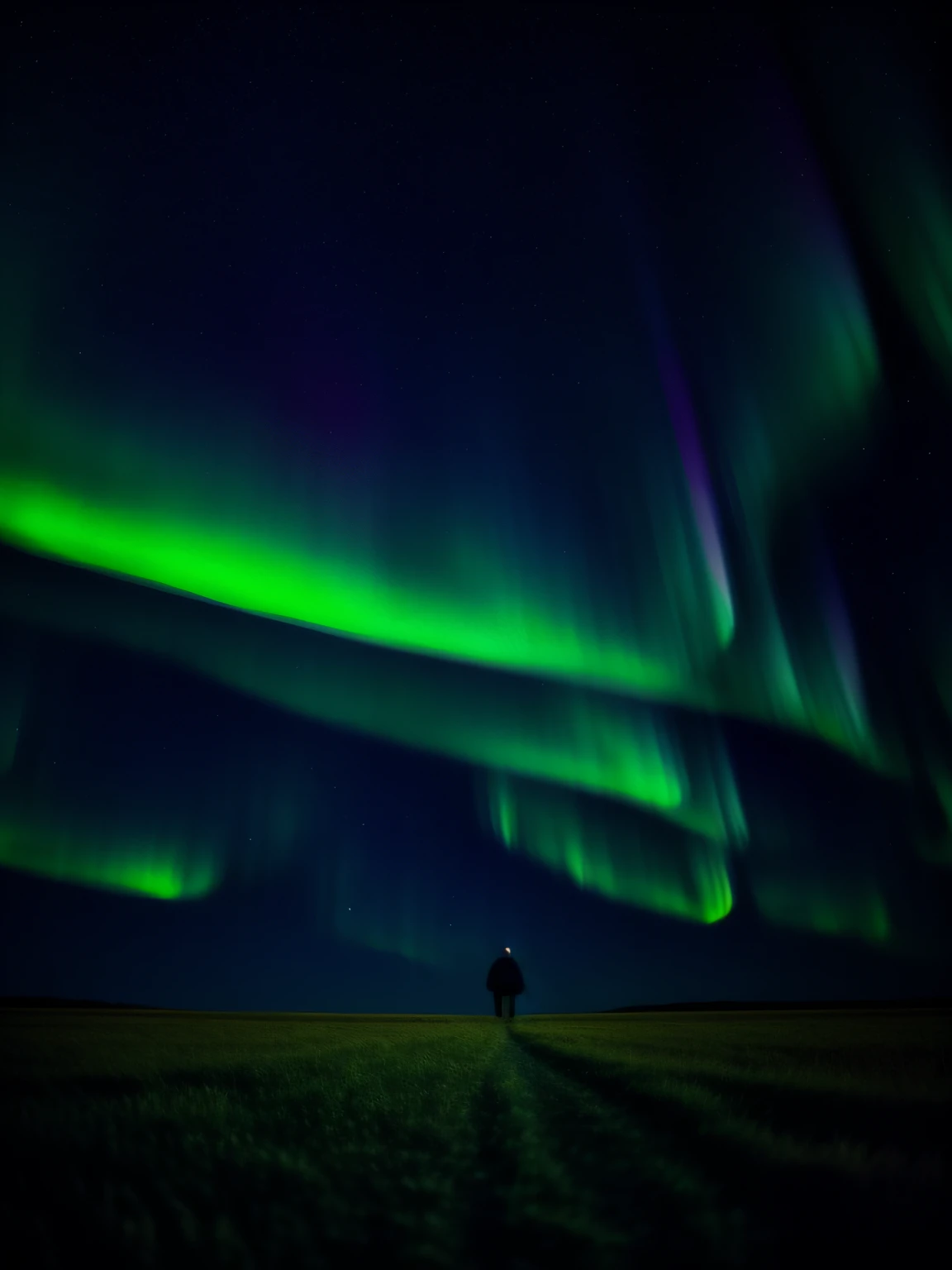 A man walks through a field of stars，In the sky, the northern lights, He looked into the distance, Realistic, Ultra photo realsisim, Hyper-cinematic, Ultra photo