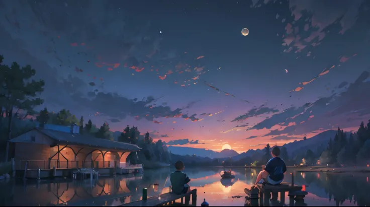 The behind view of a Black boy with a Stevenson baseball Jersey and a caucasian girl sitting on a dock in front of a lake as the moon rises