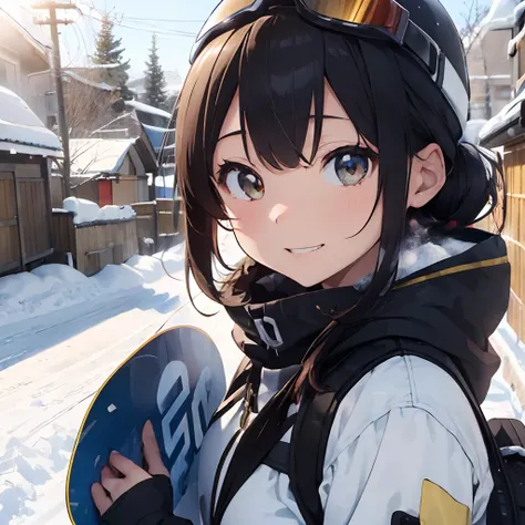 masutepiece, Best Quality, 8K_Wallpaper, (Beautiful eyes), ((Snow is piled up)), Cute, (Yellow Wear、Outerwear is yellow、Red underneath), (Slopes with large trees),1girl in,small tits,1 schoolgirl、Smile,(Slopes with large trees)、(((snow board)))、Ski resort ...