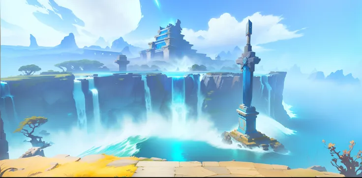 Stunning scenic waterfall pictures，Stylized concept art，water temple，Wild art，botw style，Photorealistic graphics，8k