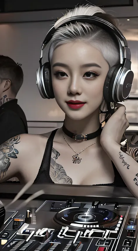 best qualtiy，tmasterpiece，超高分辨率，(fidelity:1.4)，(B&W:1.3)，professinal，photography of，1个Giant Breast Girl，Dee bar，Girl wearing headphones，DJ in the bar，Upper body，A female DJ，Look at the crowd，DJ, DJ booth，DJ Player，stage lighting，(buzz cut:1.1)，(Tattooed wi...