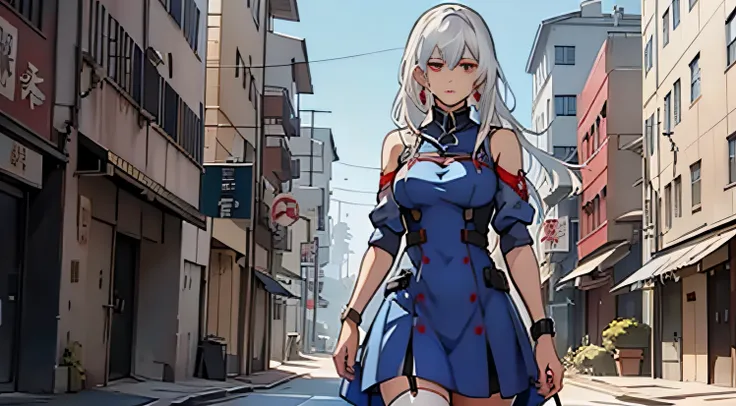 White hair, red eyes, blue dress, girl in front of the building, Exquisite anime moe style, girls frontline style, Anime art wallpaper 8K, Precise details, Guvitz Fine Arts Site, Kantai collection style