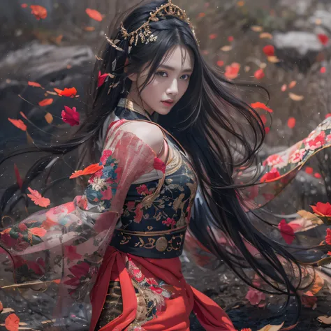 32K（tmasterpiece，K HD，hyper HD，32K）Long flowing black hair，Ponds，zydink， Farbe，  Xuzhou ethnic group （Seduce a girl）， （Red scarf in the desert）， battle posture， Looking at the ground， Long whit hair， Floating hair， Koi print headdress， Chinese Long Sleeve ...