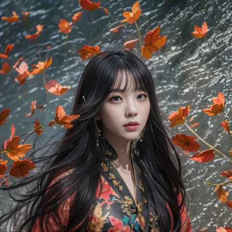 32K（tmasterpiece，K HD，hyper HD，32K）Long flowing black hair，Ponds，zydink， Farbe，  Xuzhou ethnic group （Seduce a girl）， （Red scarf in the desert）， battle posture， Looking at the ground， Long whit hair， Floating hair， Koi print headdress， Chinese Long Sleeve ...