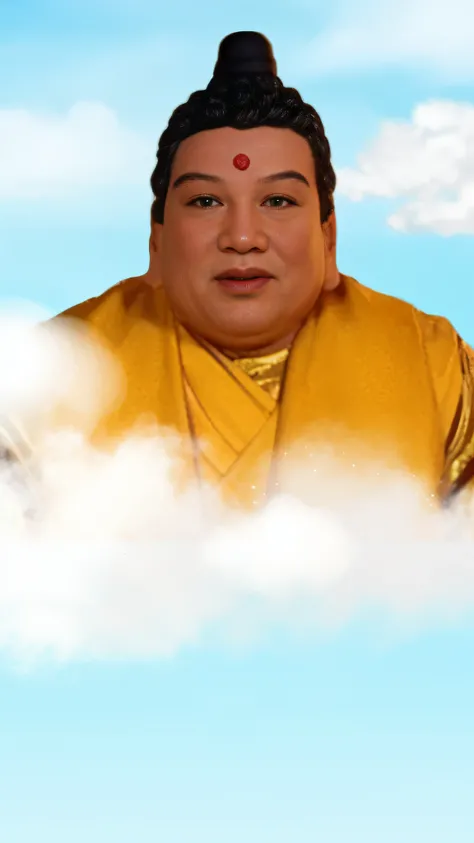 There was a man in a yellow shirt sitting on a cloud, patron saint of 🛸🌈👩🏾, divine background,Buddha statue in the clouds，There is a bright sun above, a Buddhist Buddha, Buddhist, Buddha, beautiful gold saint, Buddhism, background-image, enlightening, Clou...