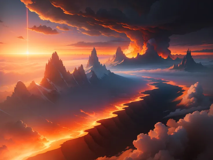 *(Masterpiece)，Highest image quality，Extremely detailed CG work，Stunning views of burning clouds，Color saturation，The overall light and shadow effect is outstanding，Soft light illuminates the clouds，Like a burning flame in the sky，Intense and spectacular。*