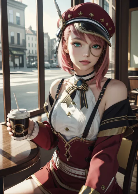 best quality,masterpiece, high res,original, beautiful detailed green_eyes,ultra-detailed, charlotte_(genshin), short 1girl 14 years, hat, red headwear, monocle, short pink_hair, white_gloves, red_jacket, long_sleeves, off_shoulder, shirt, bare shoulders, ...