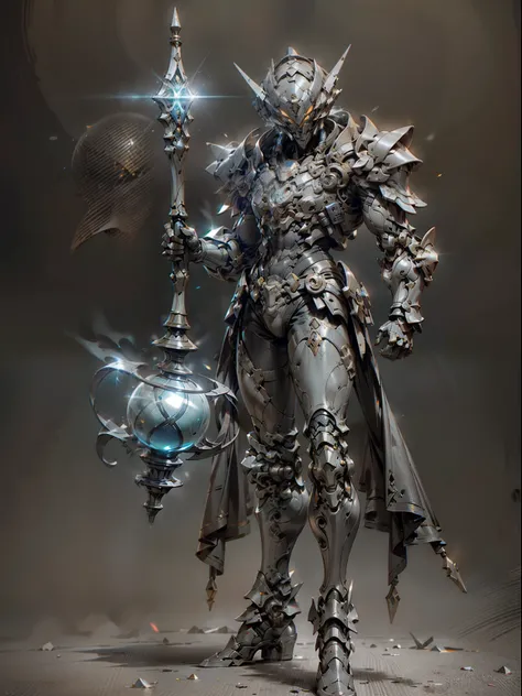 Ghost armor holding huge ice wand, male mage, ice blue armor all over, super cool ghost mage, wearing ice blue cloak, huge staff, glowing magic ball, magic pose, tall, glowing eyes, with mask, tall figure, perfect body proportions, looking up, super detail...